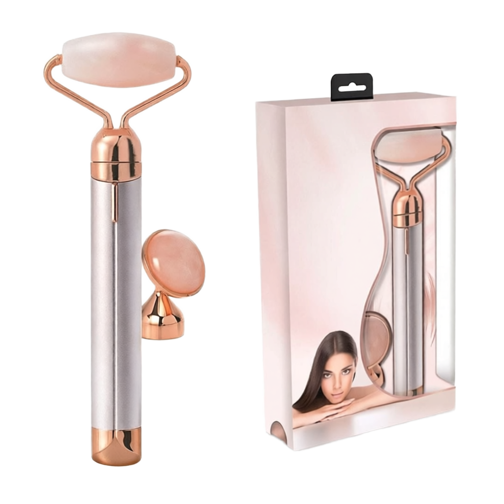 Rodillo Facial Vibratorio de Cuarzo Rosa Flawzbss – Masajeador 2 en 1