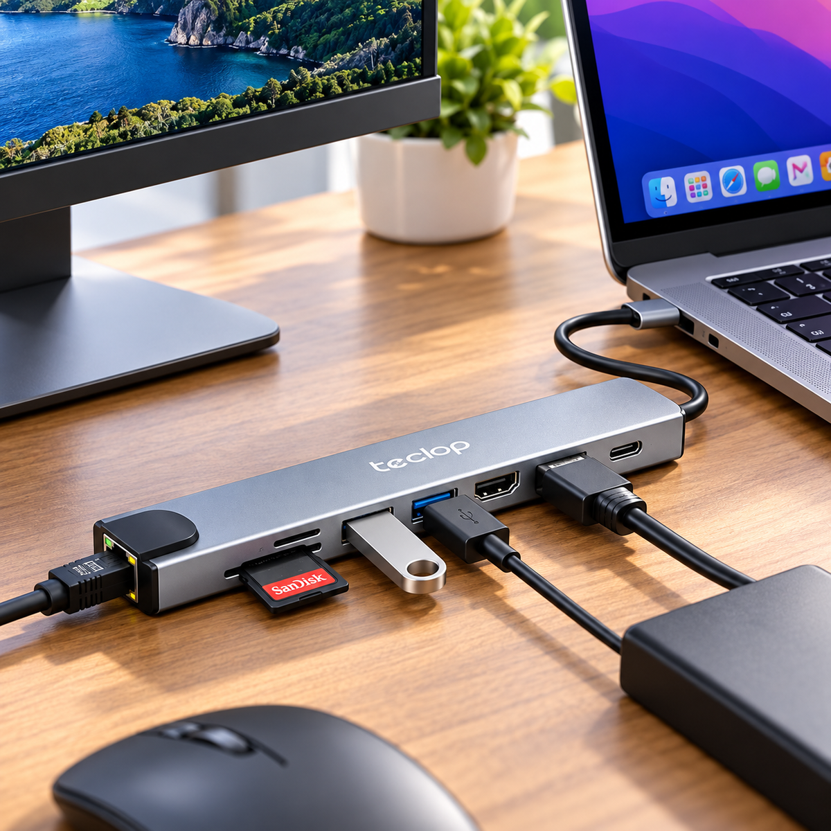 Hub Adaptador USB-C 8 en 1 con HDMI 4K, USB, RJ45 y Lector SD