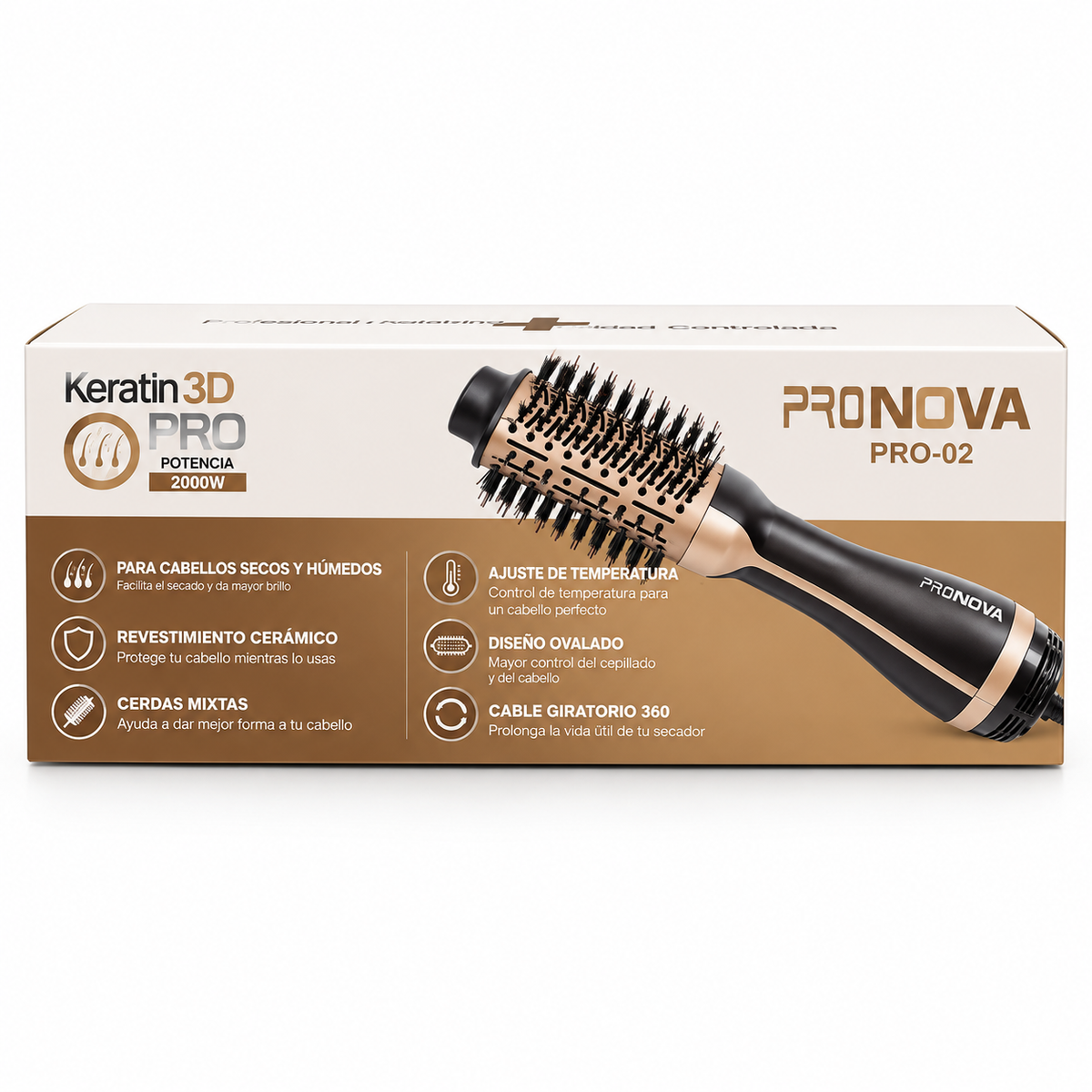 Cepillo Secador de Cabello Keratin 3D PRO-02 de 2000W con Revestimiento Cerámico