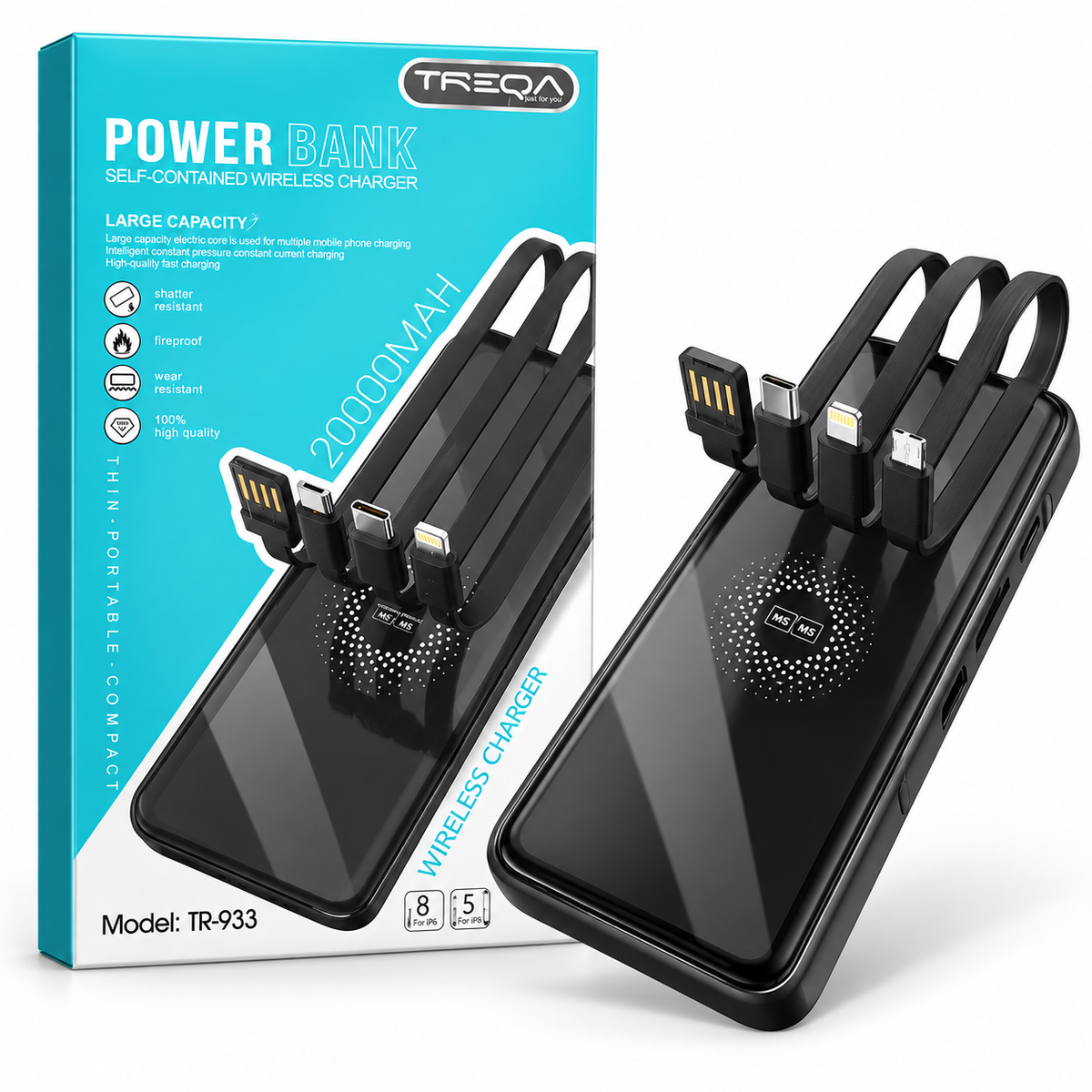 Power Bank TREQA TR-933 20000 mAh con Carga Inalámbrica y Cables Integrados