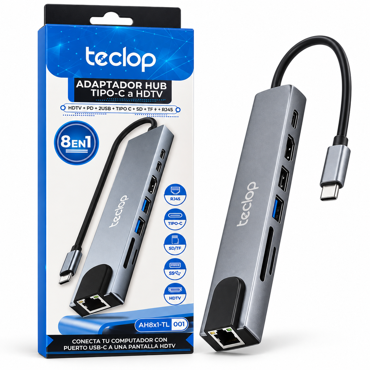 Hub Adaptador USB-C 8 en 1 con HDMI 4K, USB, RJ45 y Lector SD
