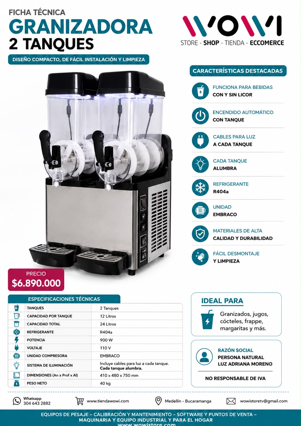 Granizadora Comercial de 2 Tanques – 24 Litros | 900W