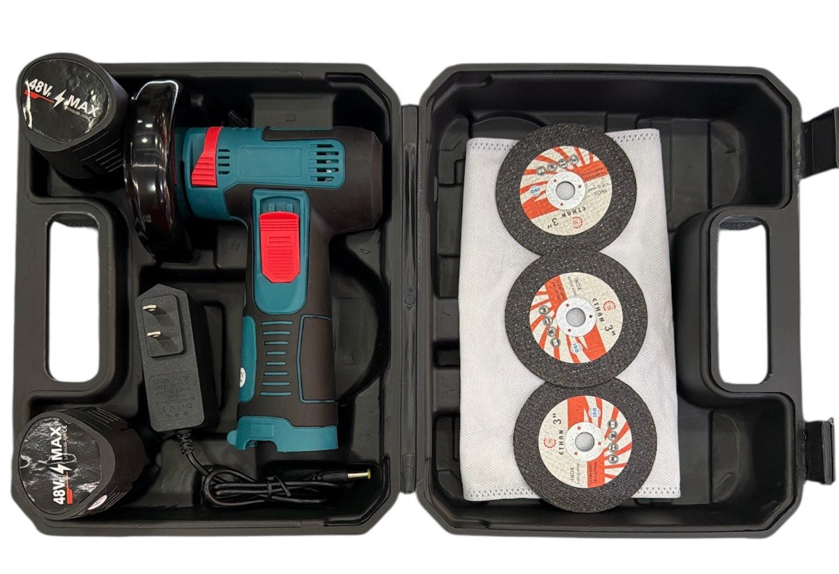 Mini Pulidora Angular Inalámbrica 48V – Con 2 Baterías y 3 Discos de 3 Pulgadas