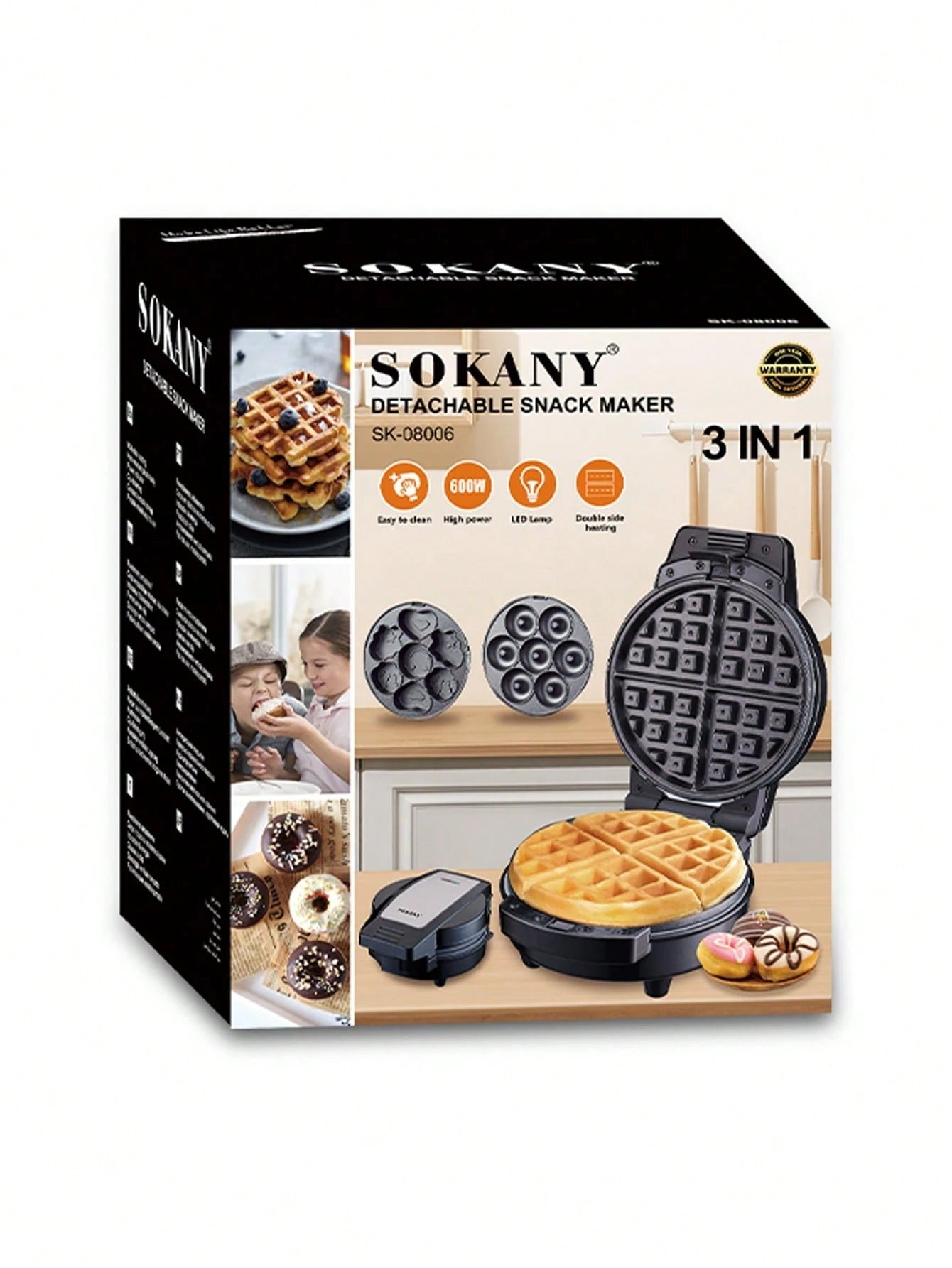 Waflera Sokany 3 en 1 – Hace Waffles, Donas y Pastelillos  Antiadherente 600W